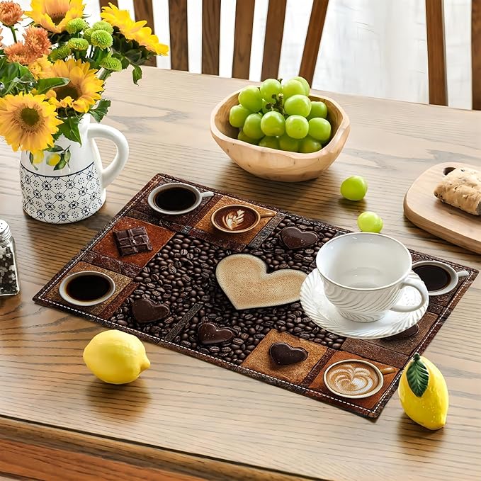 Coffee Placemats Set of 4, Cafe Table Mats, Washable Place Mats for Coffee Bar Home Party Indoor Kitchen Dining Table Decoration 12x18 Inch