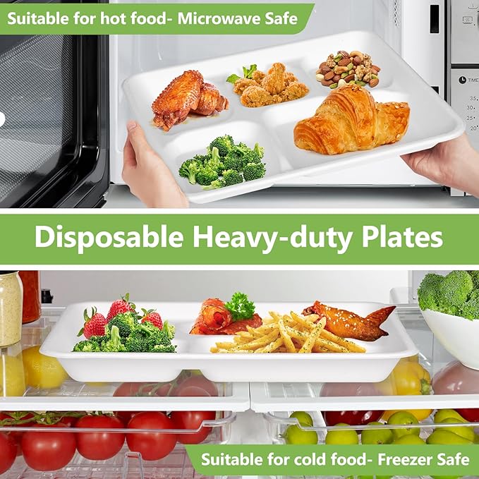 Compostable 5 Compartment Plates Disposable, 10.25 x 8.25 inch, 125 Pack Divided Paper Plates Heavy Duty, Biodegradable Eco-Friendly Bagasse Sectional School Lunch Trays, White 10 inch