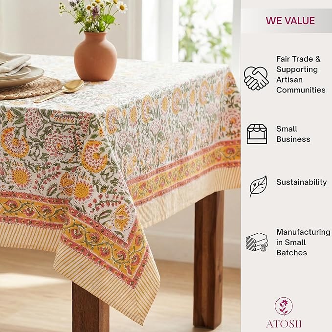 ATOSII Clover Yellow 100% Cotton Rectangle Fall Tablecloth, Handblock Floral Print Linen Table Cloth for Kitchen Dining I Parties, Weddings, Outdoors, Christmas, Thanksgiving Decor 60 X 108 Inches