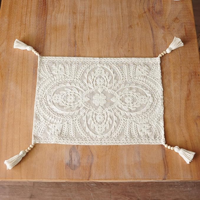 Embroidered Placemats Farmhouse Lace Doily, 8 Tassel Pendants, Layered Accent - Image 4