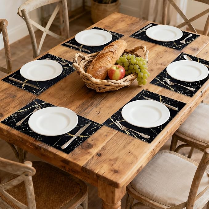 Table Placemats Set of 6 Abstract Black Marble Texture Place Mats Washable Kitchen Dining Linen Table Mats Stain Heat, for Home Party Indoor 12x18 in