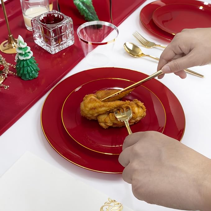 MirthMood 210pcs Red Plastic Plates,Disposable Red Gold Party Plates,Include 30 Dinner,Dessert Plate,30 Cup&30 Napkins, 90 Gold Silverware for Wedding & Party & Birthday（Plum Red）