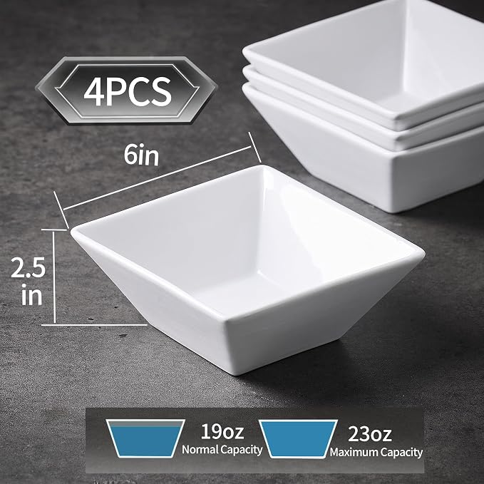 Porcelain Cereal Bowls Set of 4, 23 Oz Square Serving Bowls Set | 6in Classic - Image 2