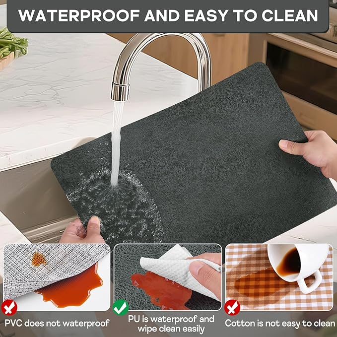Faux Leather Placemats Set of 6, Washable Place Mats, Wipeable Waterproof Oil-Proof Heat Resistant Table Mats, Non-Slip Vinyl Placemats Rectangular Place Mat for Table Indoor Outdoor (Gray)