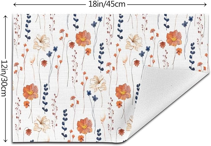 Watercolor Orange Floral Placemats Set of 4, Blue Orange Decorative Place Mats for Dining Tables Decor, Washable Linen Table Mats for Kitchen Spring Summer Outdoor Party Home Decor