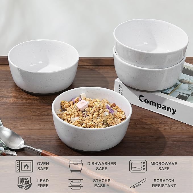 Ceramic Bowls,26 oz Porcelain Cereal Bowls,Stoneware Dinner Dish Set of 4 for Soup, Cereal, Oatmeal, Fruit, Rice - Dishwasher & Microwave Safe,White(Grey Bottom)