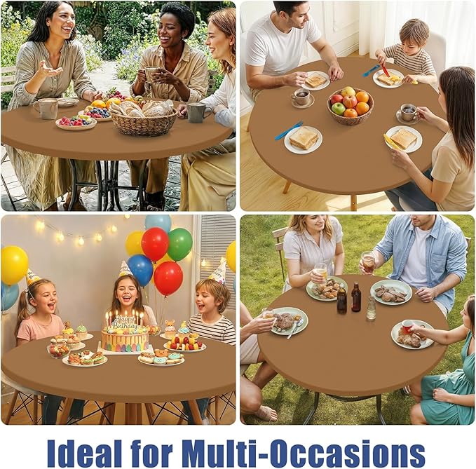 Round Spandex Tablecloth, Elastic Fitted Waterproof Tablecloths for 18"-24" Tables, Stretch Washable Picnic Table Cover for Camping, Dining, Indoor and Outdoor,Brown
