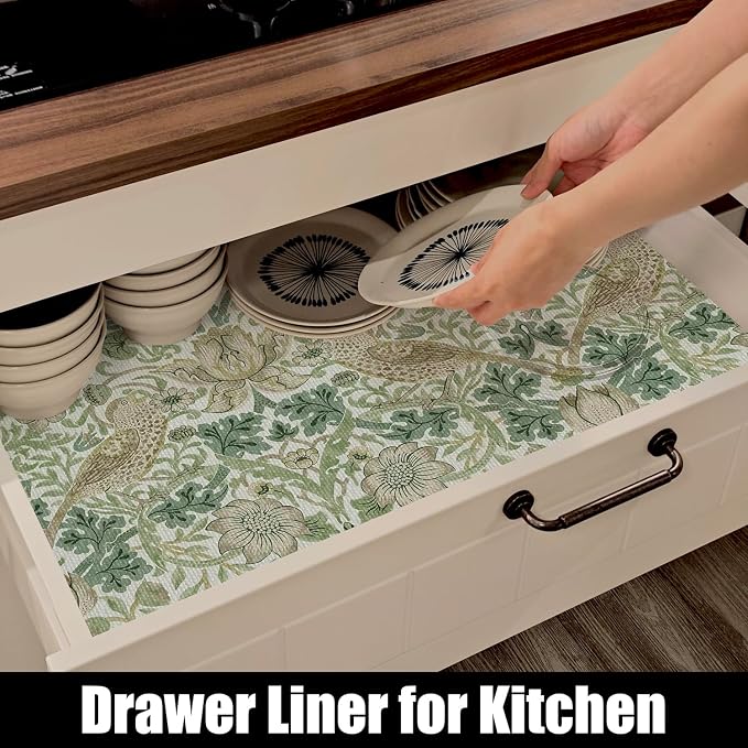 Bird Floral Drawer Shelf Liner for Kitchen Green 15.7IN x 10FT | Non Adhesive - Image 4