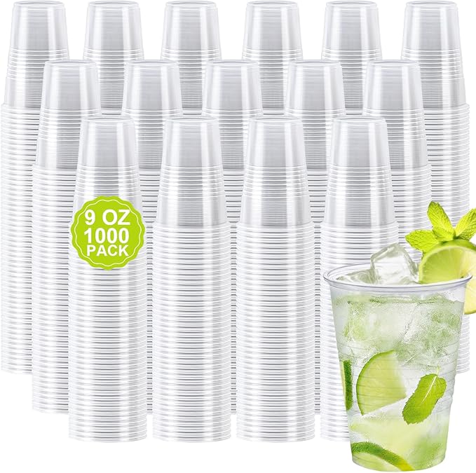 1000 Pack 9 oz Clear Plastic Cups, Small Plastic Cup Bulk, Clear Disposable Cocktail Cup, Cold Party Drinking Cups for Picnics, Ceremonies, Events