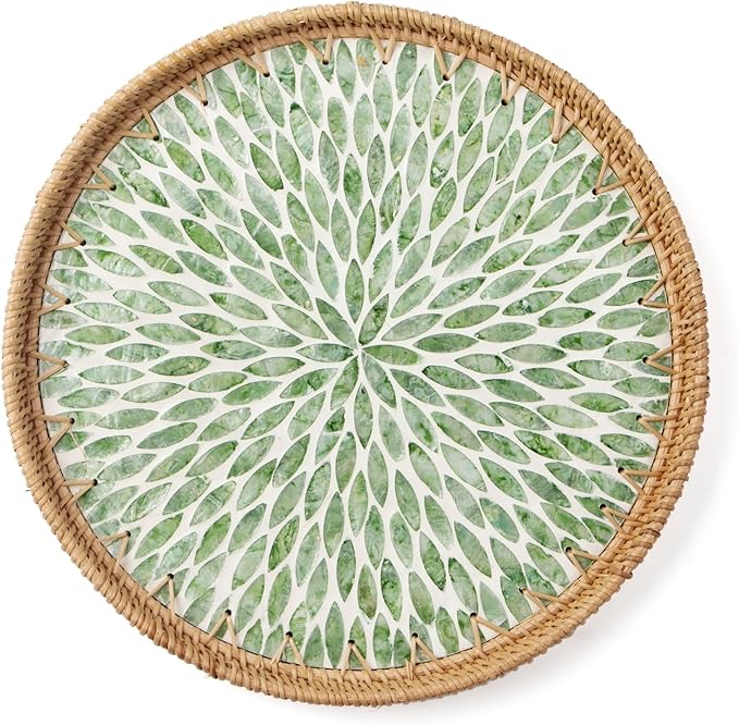 Round Rattan Tray with Mother of Pearl Inlay, Wooden Base | Coffee Table by Unknown