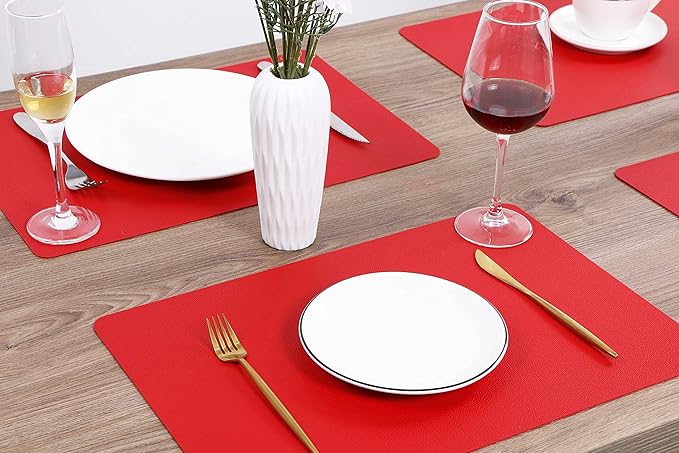 Wipeable Placemats Leather Table Mats Waterproof Heat-Resistant Easy to Clean for Dining Table Set Kitchen Table (4, Red)