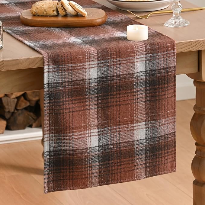 Artoid Mode Caramel Brown Farmhouse Plaid Fall Table Runner 13x36 Inch | by ArtoidMode
