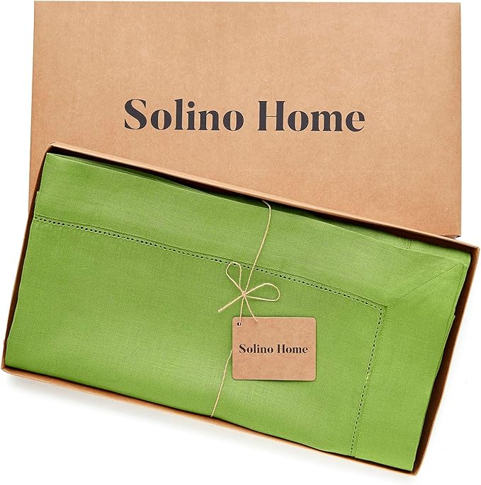 Solino Home Linen Tablecloth for Rectangle Tables 60 x 108 Inch - Classic Hemstitch 100% Pure Linen Lime Green Table Cloth - Machine Washable Cloth Tablecloth for Spring, St Patricks Day, Easter
