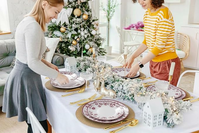 Trendables Disposable Plates For Party Supplies | Burgundy Floral Plastic Plates For Wedding 200 Pcs - 100 X 8 & 100 X 10 Dinner Plate Sets | Floral Plate Set Disposable Plastic Dinnerware Sets