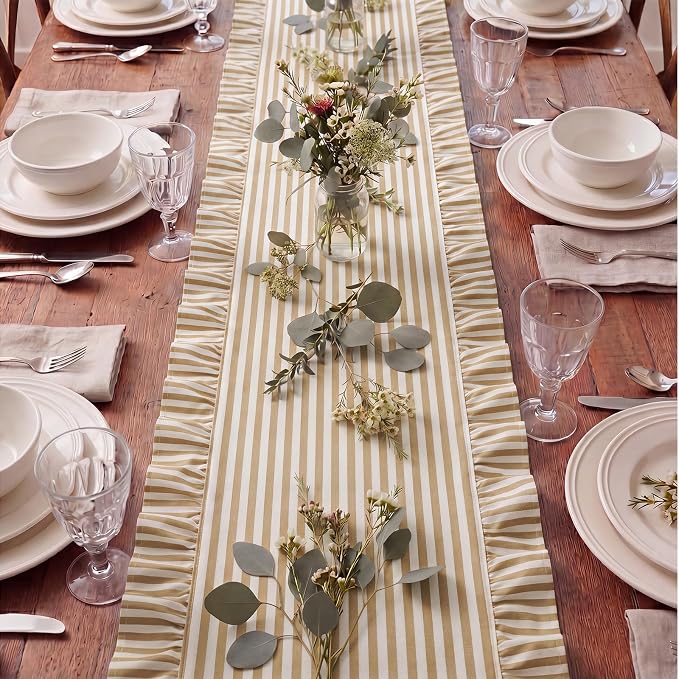 HunnmingRe Ruffle Trim Boho Table Runner Farmhouse Rustic Stripes Scalloped - Image 5