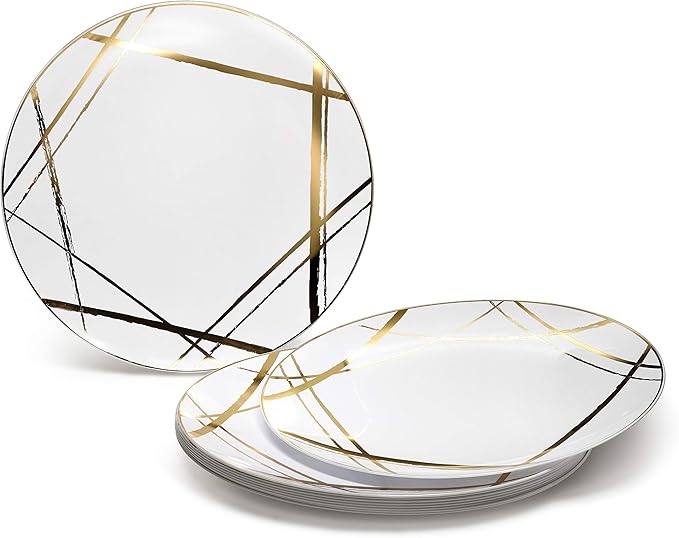 " OCCASIONS " 120 Plates Pack,(60 Guests) Premium Wedding Party Disposable Plastic Plates Set -60 x 10.25'' Dinner + 60 x 7.5'' Salad/Dessert (Monet, White & Gold)