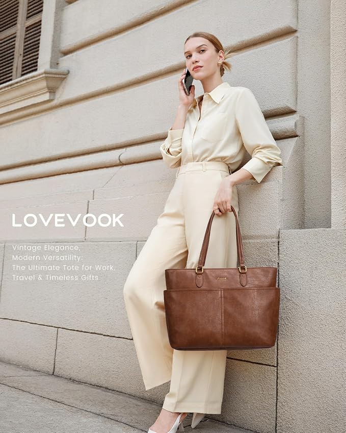 LOVEVOOK Work Tote Bags for Women, Vintage Leather 15.6 Inch Laptop Bag - Image 2