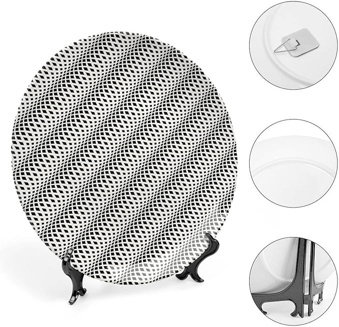 Decorative Plates, Abstract Print Ornament, Wavy Rhombus Abstract Modern Monochrome Decor, 6 Inch, Kitchen Wall Decor, Black White