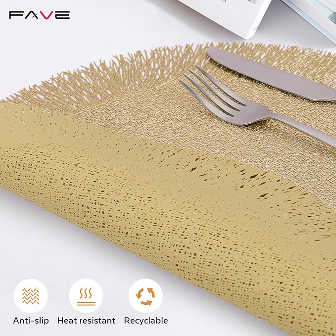 FAVE Set of 8 Gold Vinyl Round Placemats, Decorative Tassel Washable for Table Setting, Home Dining, Party, Restaurant (15 Inch,8PCS)
