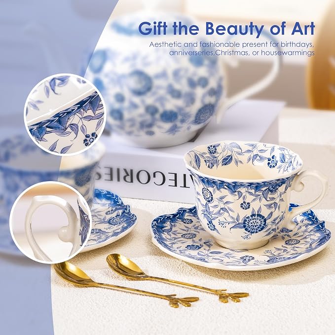French style blue and white retro teacup and saucer set, 6.8 oz teacup and - Image 4