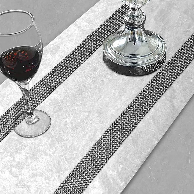 Elegant Creamy White Table Runner, Bling Rhinestone, Ombre Velvet, Dual Bling - Image 2