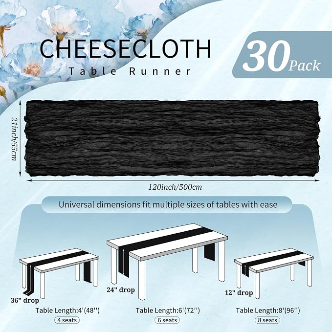 30 Pack Cheesecloth Table Runner 10FT Black Table Runner Boho Gauze Cheese - Image 2