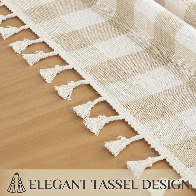 Softalker Checkered Tablecloth Rectangle, Outdoor Linen Cotton Gingham Table Cloth with Tassel, Heavy Duty Wrinkle Free Buffalo Plaid Table Cover for Kitchen Dining Home Party - 55 x 70 Inch, Beige