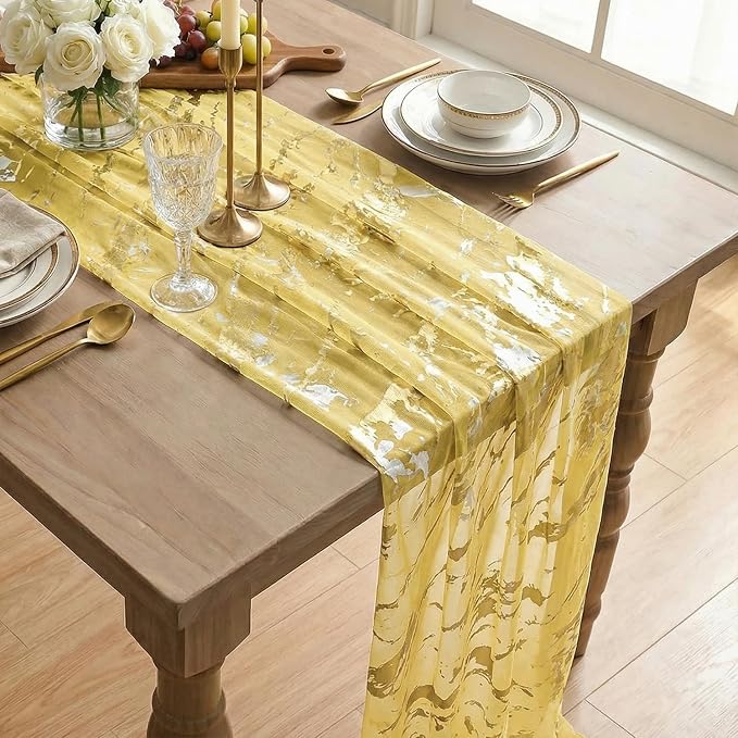 Artoid Mode Marble Pattern Yellow Gauze Table Runner 10FT, Glitter Metallic - Image 4