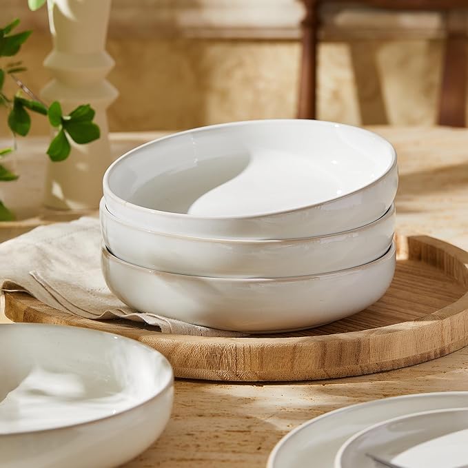 Junko Pasta Bowls Set of 4, 8.3 inch with High Edge Dish Set-Microwave and Dishwasher Safe, Scratch Resistant, Modern Dinnerware- Bowls for Kitchen. Perfect as Salad Bowls (Snow)