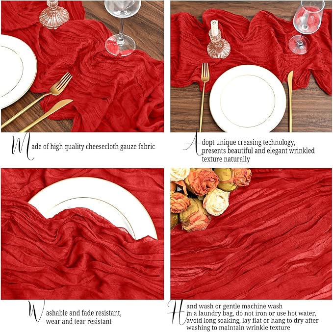 4 Pack Red Table Runner 17 x 108inch Cheesecloth Table Runner Boho Gauze Table - Image 5