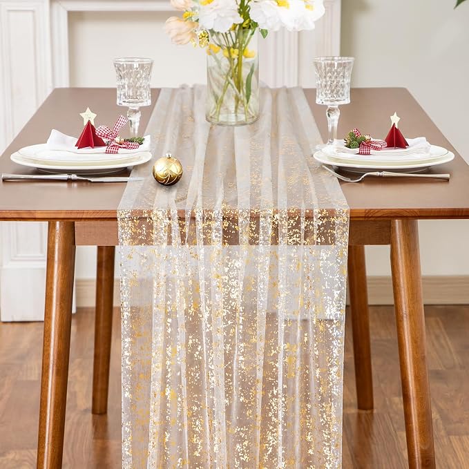 SiinvdaBZX 4 Pcs White Gold Sheer Tulle Table Runner 120 Inch/10 Ft Long | - Image 3
