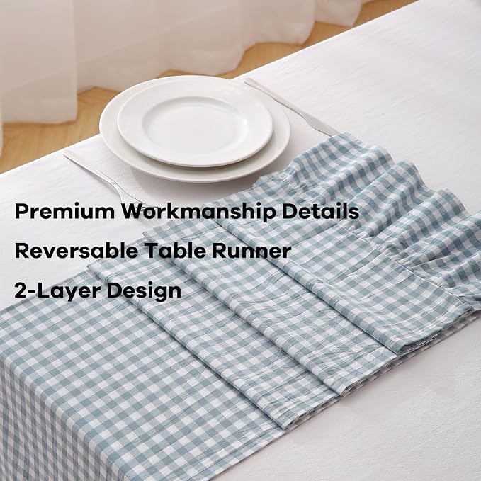 Dust Blue White Plaid Gingham Ruffle Table Runner 72 inches Long 100% Washed - Image 5