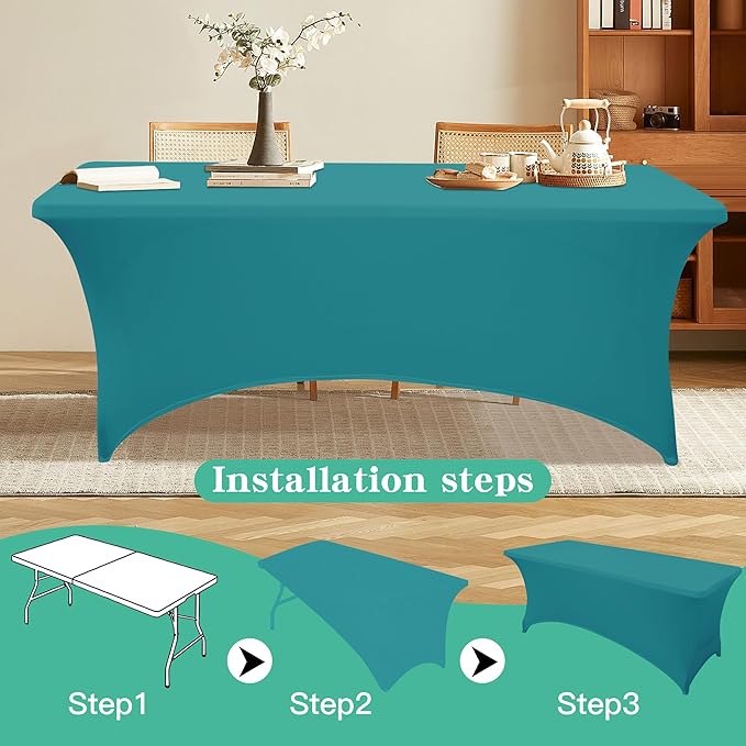6Pack 8FT Table Cloth for Rectangular Fitted Events Stretch Emerald Green Table Covers Washable Spandex Tablecloth Protector for Party, Wedding, Cocktail, Banquet, Festival