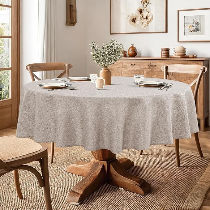 JIUZHEN Round Table Cloth Faux Linen Farmhouse Tablecloth Wrinkle and Stain Resistant Decorative Fabric Table Cover for Kitchen, Dining Room, Parties and Camping, Stone, 60 Inch Round