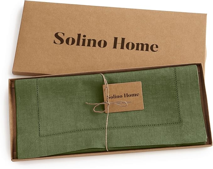 Solino Home Linen Olive Table Runner 90 Inches Long - 100% Pure Linen 14 x 90 Inch Table Runner for St Patricks Day - Classic Hemstitch