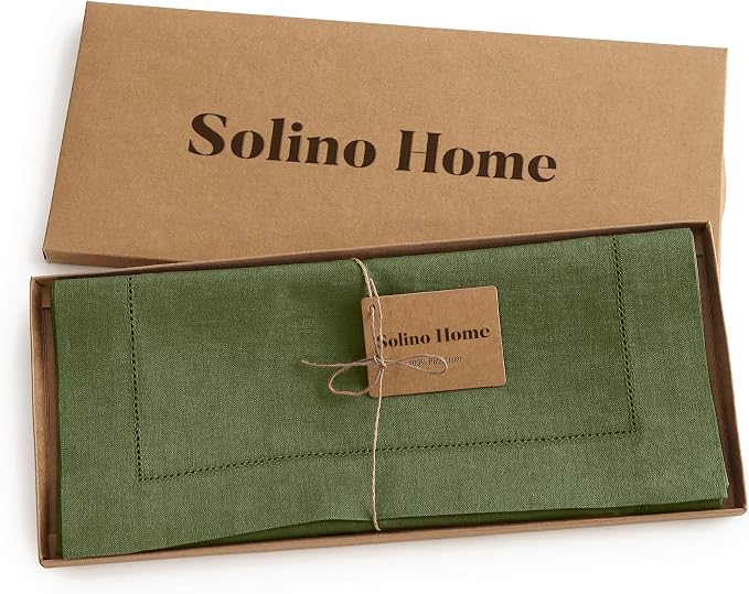 Solino Home 100% Linen Table Runner Olive, Classic Hemstitch 14 x 108 in | - Image 5