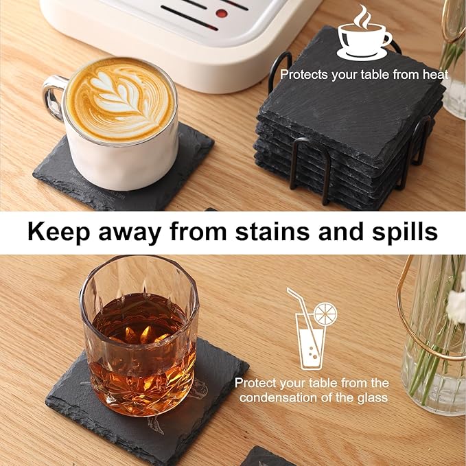 16 Pack Stone Coaster Set with Metal Stand 4-inch Square Laser-Engraved Black Stone Coasters with Protective Pads on The Bottom Ideal for Home,bar, and Gift Occasions (Weddings, housewarmings)