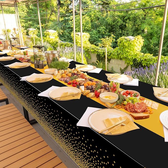 12Pcs Black and Gold Tablecloth Party Decorations, Plastic Black Table Cloth - Image 7