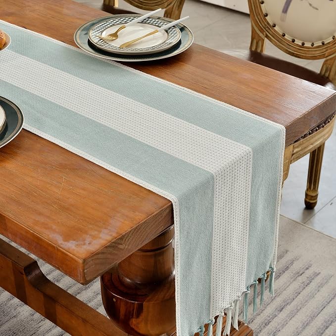Wracra Linen Table Runner, Stripe Table Runners 48 Inches Long Aque Blue | - Image 6