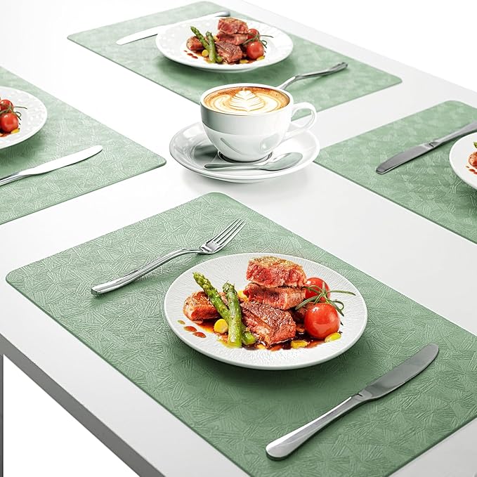 Vinyl Placemats Set of 4 Faux Leather 100% Waterproof Wipeable Washable Place Mats Heat Resistant Easy Clean Non-Slip Table Mats for Indoor Outdoor. (4, Green)