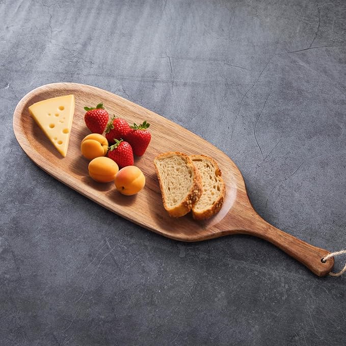 3PCS Heavy Wood Plates 16.5" Wooden Plates with Handl Reusable Dinner Plates Tableware Set of 3Acacia Solid Wood Plate Havry Wooden for Meat Steak Dessert Bread Unbreakable Classic Plate