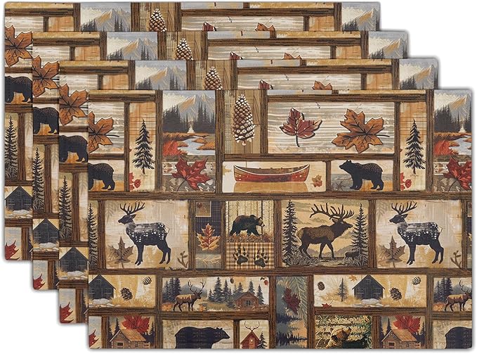 Rustic Bear Deer Place Mats - Vintage Cabin Moose Placemats Set of 4 Forest Animal Wildlife Table Mats Lodge Pine Cone Tablemats 12x18 for Dining Kitchen Farmhouse