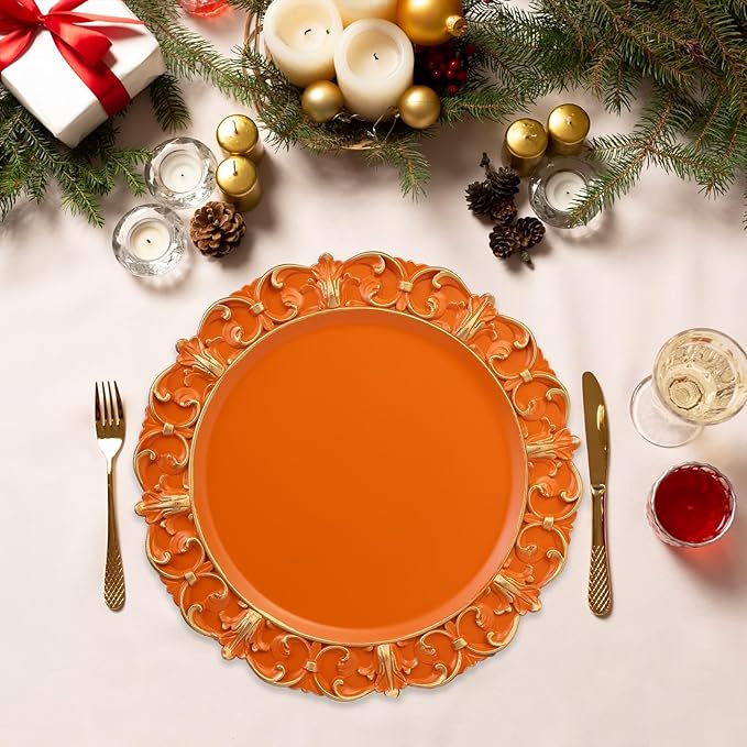 Orange Charger Plates Set of 6, Decorative Table Plastic Chargers for Dinner Plates, Party, Wedding, Thanksgiving, Christmas, FD15O