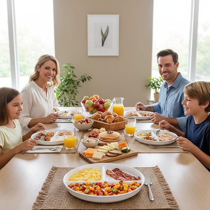 Lounsweer Set of 4 Pcs Portion Control Plate Ceramic Divided Bariatric Plates 3 Compartment Reusable Dinner Plates for Weight Loss Balanced Meal (9.5 Inch)