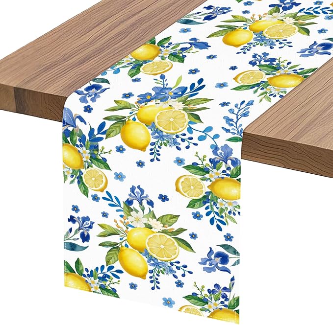 Lemon and Blue Floral Table Runner, 48 x 13 inches | Linen Texture Fabric - Image 6