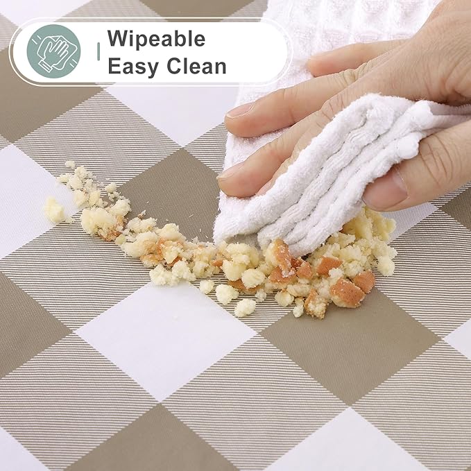 misaya Rectangle Waterproof Vinyl Table Cloth, Buffalo Flannel Backed Tablecloth, Wipeable Plastic Table Cover for Dinner, Cafe, Outdoor (60" x 102", Khaki and White)