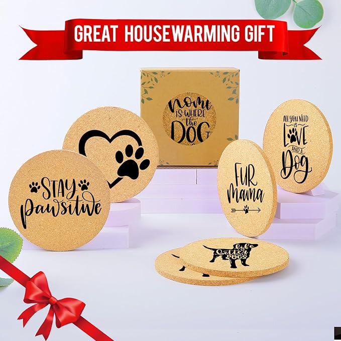 Coasters for Drinks with Set of 6, Cute Dog Coaster for New Home Couples House Warming Gifts Absorbent Paw Cork Wood Bulk for Cup Desk Coffee Table Office Kitchen Decor, Round 4"