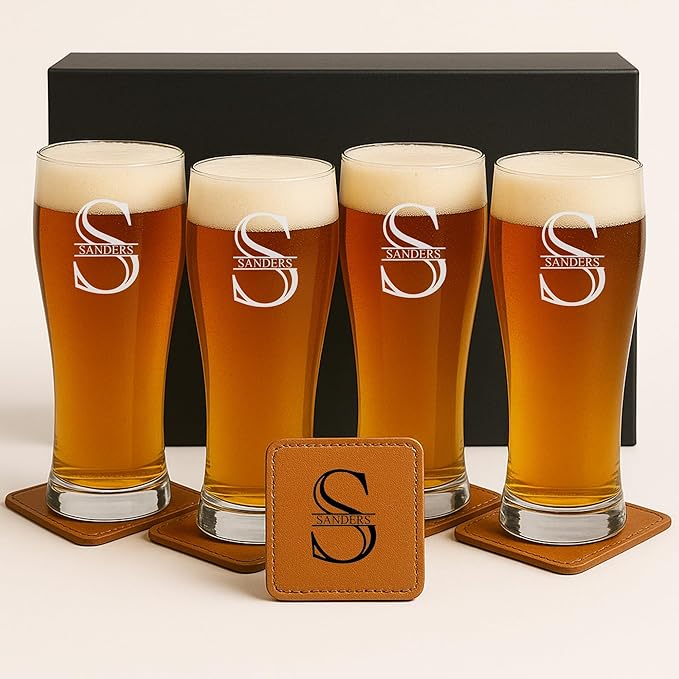 Froolu Customized Gifts for Men - Personalized Beer Glass Set w Engraved Coasters - Monogram Etched Pilsner Glasses Great for Family Home Bar - Valentine's, Housewarming, Christmas & More.