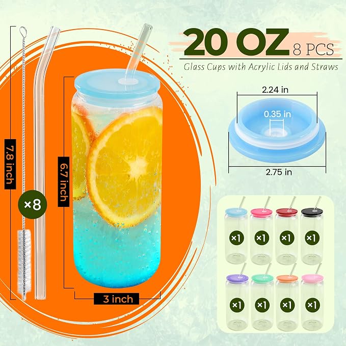Joyclub 8pcs Glass Cups with Acrylic Lids and Straws 20 oz Drinking Glasses | - Image 3