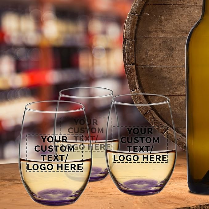 DISCOUNT PROMOS 10 ARC Stemless Wine Glasses Set, 21 oz. - Customizable Text, Logo - Chardonnay, Cabernet, Merlot, Sauvignon - Purple